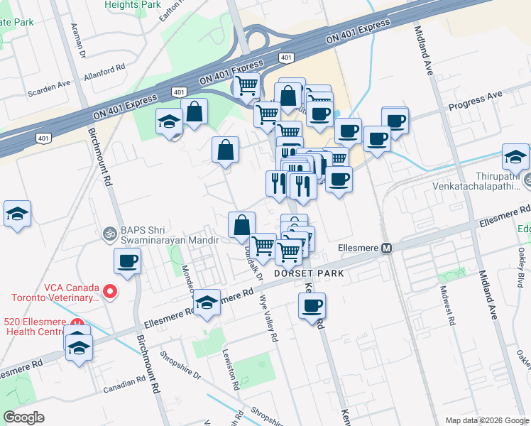 map of restaurants, bars, coffee shops, grocery stores, and more near 5 Glamorgan Avenue in Toronto