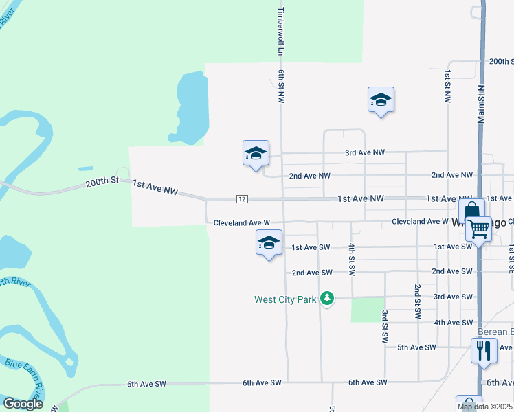 map of restaurants, bars, coffee shops, grocery stores, and more near 616 1st Avenue Northwest in Winnebago