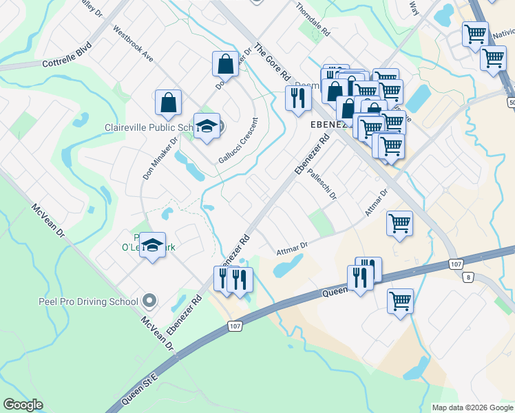 map of restaurants, bars, coffee shops, grocery stores, and more near 82 Alfonso Crescent in Brampton