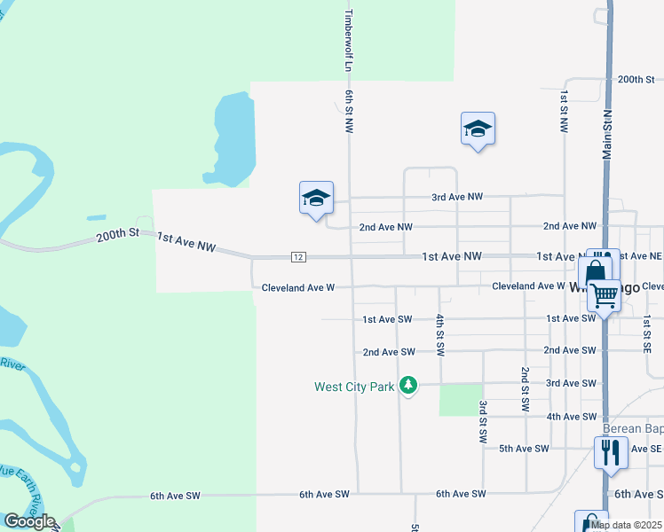 map of restaurants, bars, coffee shops, grocery stores, and more near 616 1st Avenue Northwest in Winnebago