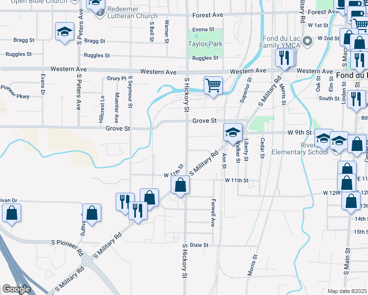 map of restaurants, bars, coffee shops, grocery stores, and more near 374 South Hickory Street in Fond du Lac