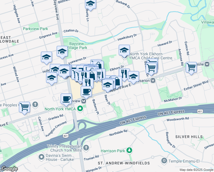 map of restaurants, bars, coffee shops, grocery stores, and more near 640 Sheppard Avenue East in Toronto