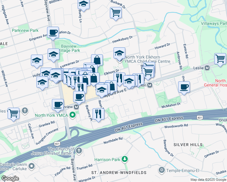 map of restaurants, bars, coffee shops, grocery stores, and more near 662 Sheppard Avenue East in Toronto