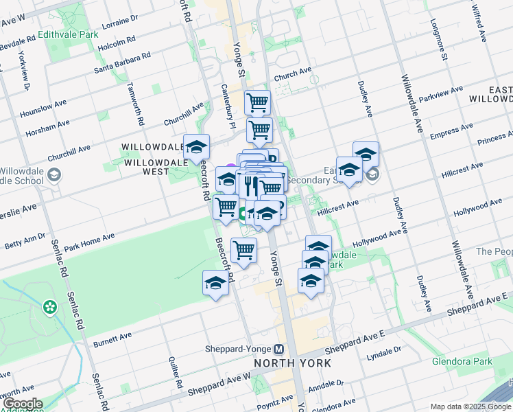 map of restaurants, bars, coffee shops, grocery stores, and more near 5095 Yonge Street in Toronto