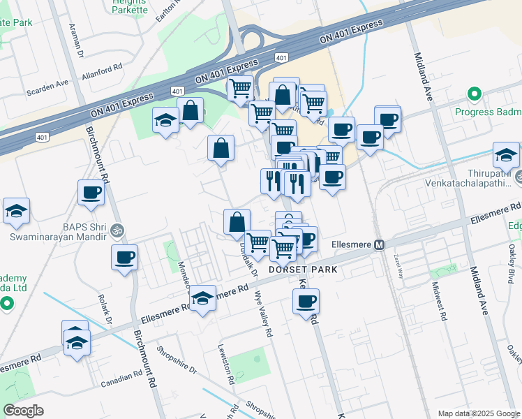 map of restaurants, bars, coffee shops, grocery stores, and more near in Toronto