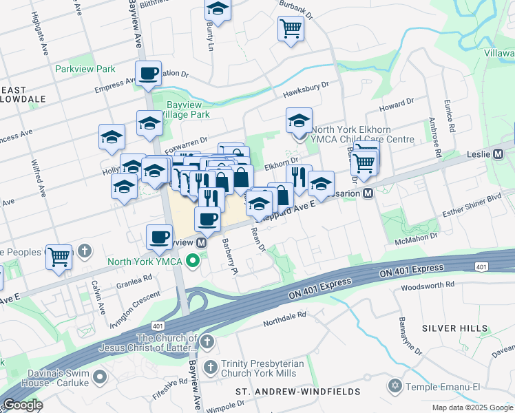 map of restaurants, bars, coffee shops, grocery stores, and more near 27 Rean Drive in Toronto