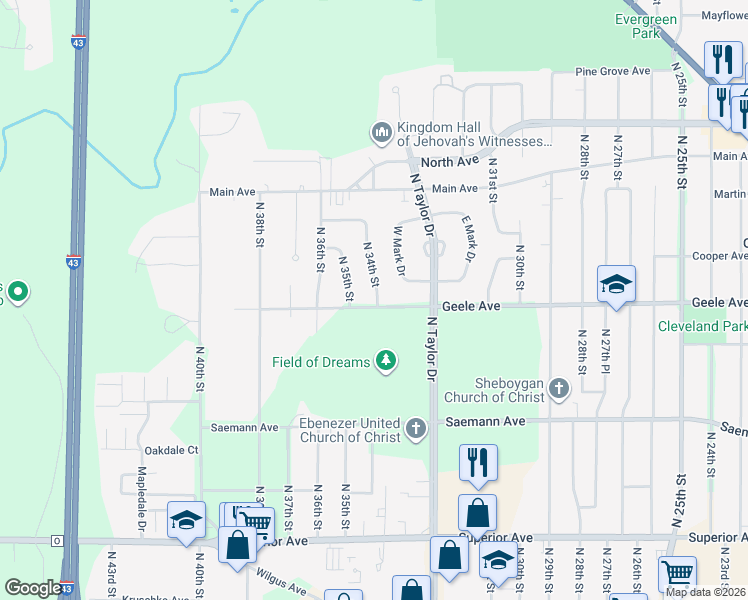 map of restaurants, bars, coffee shops, grocery stores, and more near 3314 Geele Avenue in Sheboygan