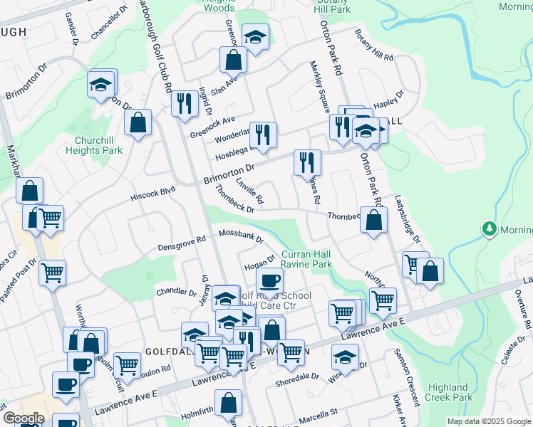 map of restaurants, bars, coffee shops, grocery stores, and more near 51 Thornbeck Drive in Toronto