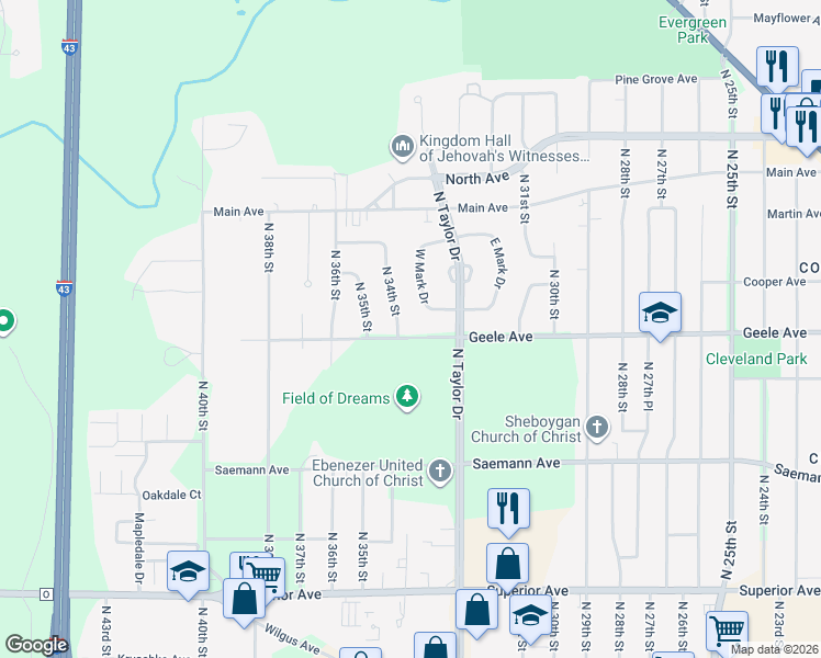 map of restaurants, bars, coffee shops, grocery stores, and more near 3314 Geele Avenue in Sheboygan