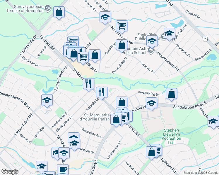map of restaurants, bars, coffee shops, grocery stores, and more near 99 Rockgarden Trail in Brampton