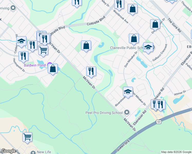 map of restaurants, bars, coffee shops, grocery stores, and more near 25 Hawkridge Trail in Brampton