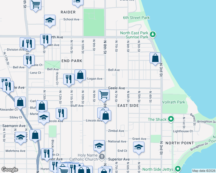 map of restaurants, bars, coffee shops, grocery stores, and more near 2201 N 8th St in Sheboygan