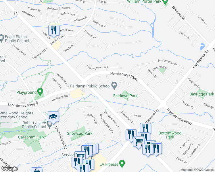 map of restaurants, bars, coffee shops, grocery stores, and more near 12 Ridgefield Court in Brampton