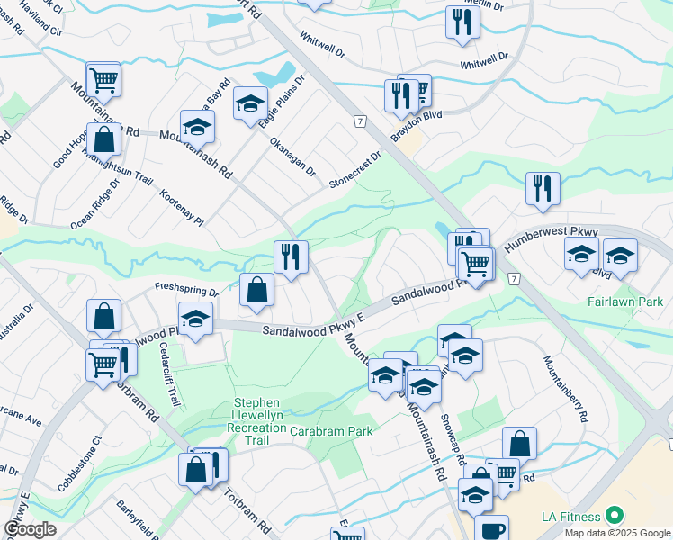 map of restaurants, bars, coffee shops, grocery stores, and more near 31 Switchback Trail in Brampton