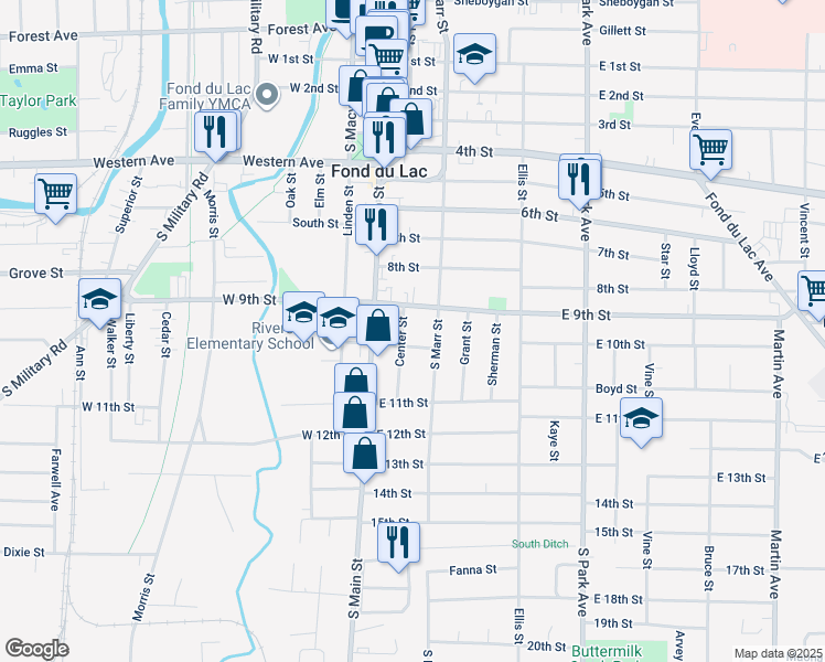 map of restaurants, bars, coffee shops, grocery stores, and more near 369 Center St in Fond du Lac