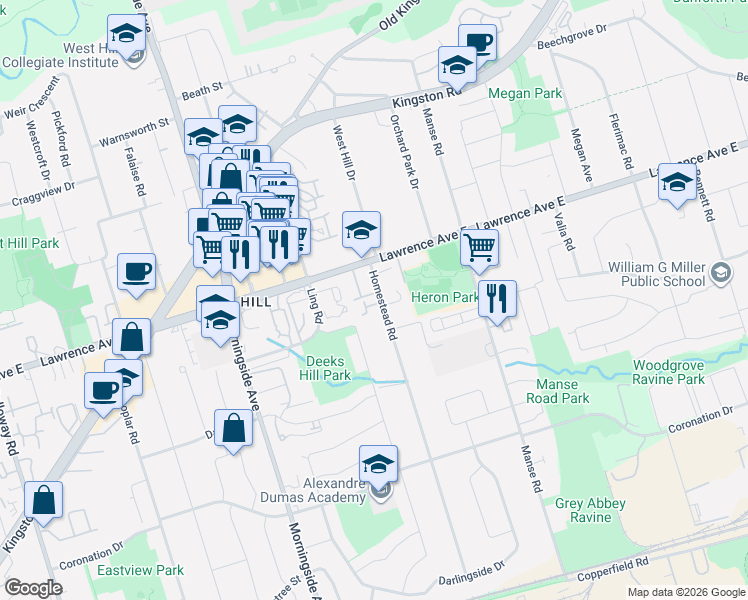 map of restaurants, bars, coffee shops, grocery stores, and more near 138 Homestead Road in Toronto