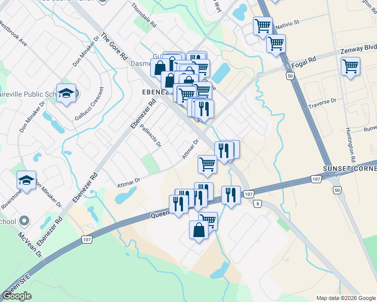 map of restaurants, bars, coffee shops, grocery stores, and more near 96 Attmar Drive in Brampton