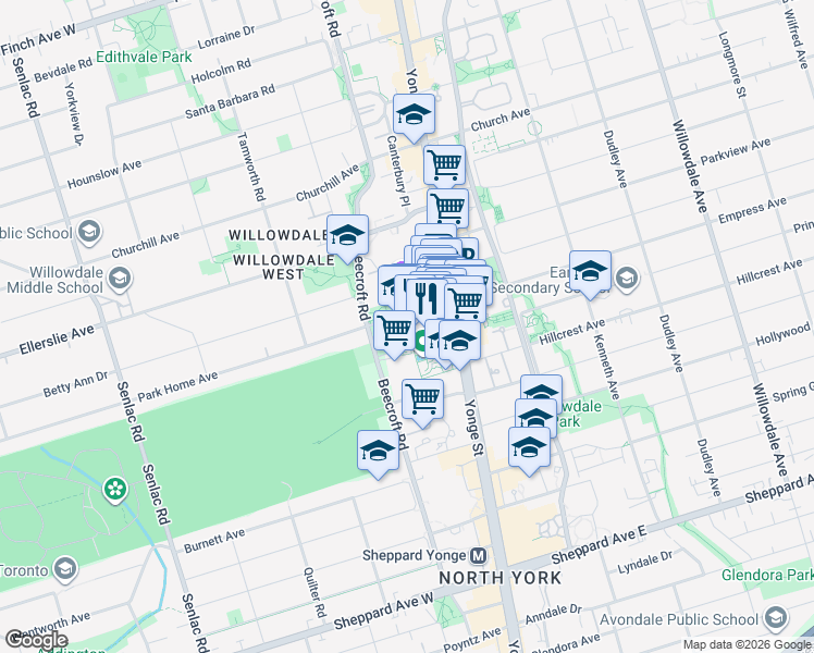 map of restaurants, bars, coffee shops, grocery stores, and more near 5150 Yonge Street in Toronto