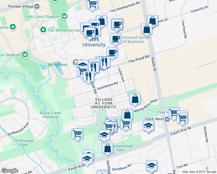 map of restaurants, bars, coffee shops, grocery stores, and more near 299 Assiniboine Road in Toronto