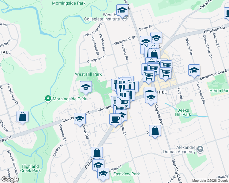 map of restaurants, bars, coffee shops, grocery stores, and more near 4410 Kingston Road in Toronto