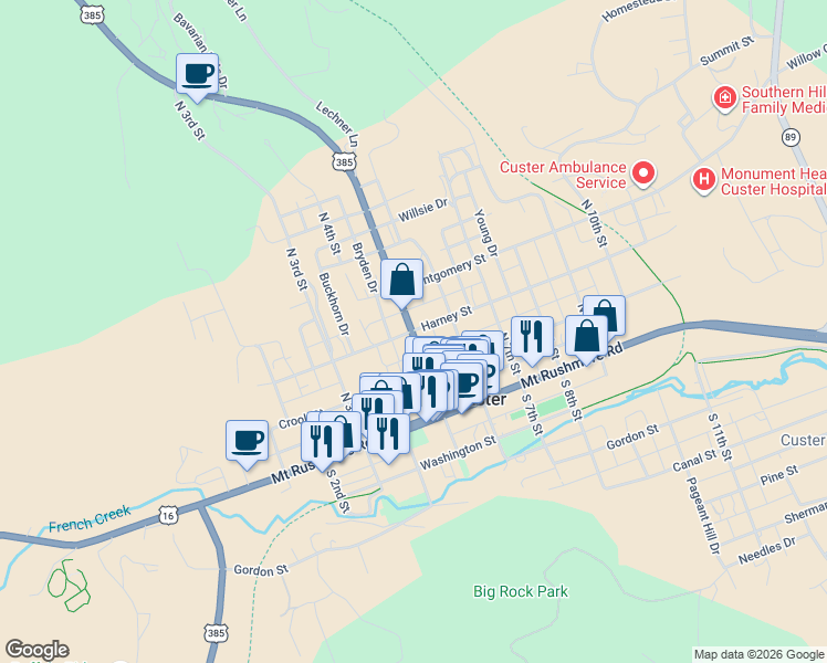map of restaurants, bars, coffee shops, grocery stores, and more near 499 Harney St in Custer