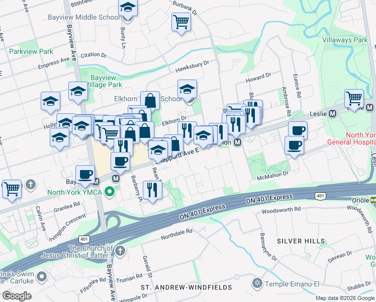 map of restaurants, bars, coffee shops, grocery stores, and more near 650 Sheppard Avenue East in Toronto