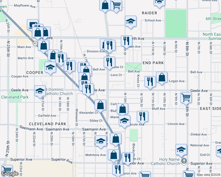 map of restaurants, bars, coffee shops, grocery stores, and more near 2201 North 15th Street in Sheboygan