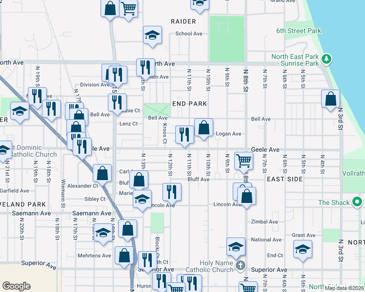 map of restaurants, bars, coffee shops, grocery stores, and more near 1114 Geele Avenue in Sheboygan