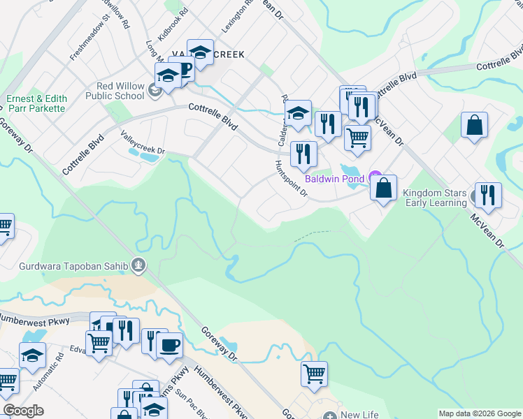 map of restaurants, bars, coffee shops, grocery stores, and more near 19 Valleyside Trail in Brampton