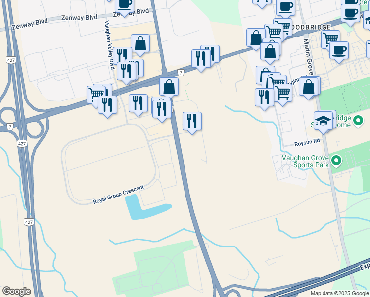 map of restaurants, bars, coffee shops, grocery stores, and more near 1 Royal Gate Boulevard in Vaughan
