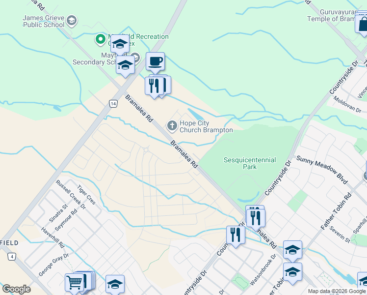 map of restaurants, bars, coffee shops, grocery stores, and more near 11575 Bramalea Road in Brampton