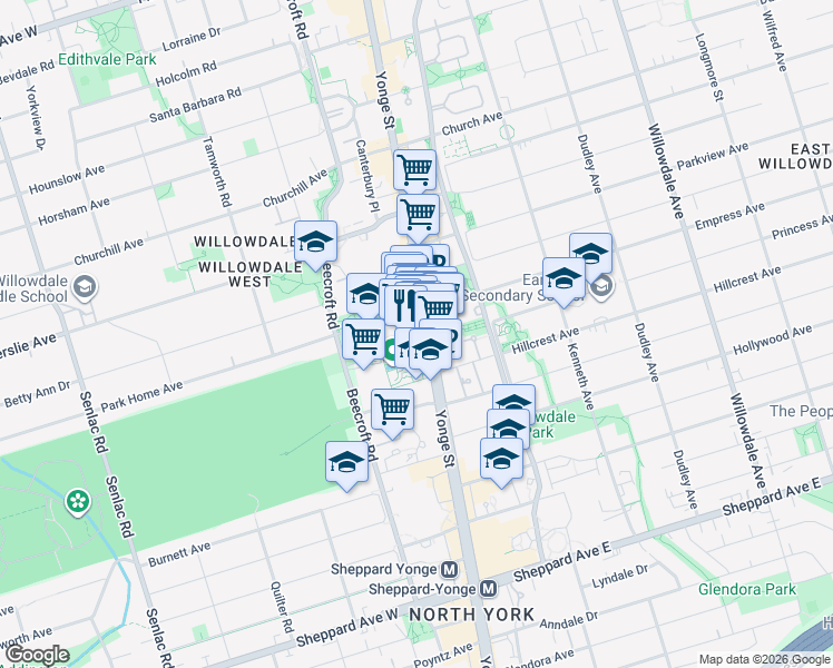 map of restaurants, bars, coffee shops, grocery stores, and more near 5140 Yonge Street in Toronto