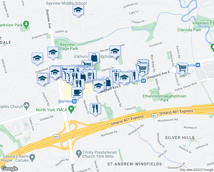 map of restaurants, bars, coffee shops, grocery stores, and more near 650 Sheppard Avenue East in Toronto