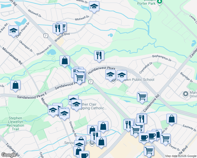 map of restaurants, bars, coffee shops, grocery stores, and more near 37 Ridgefield Court in Brampton