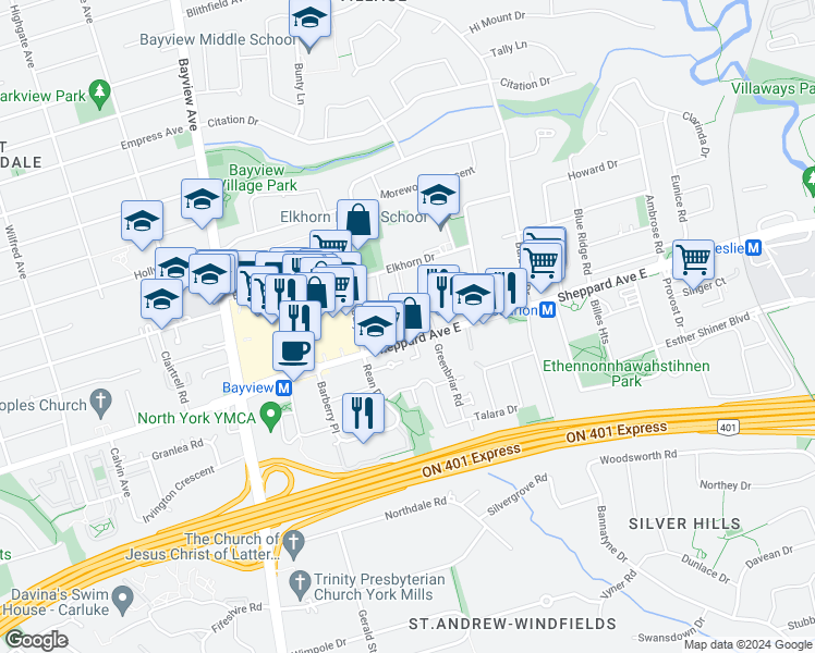 map of restaurants, bars, coffee shops, grocery stores, and more near in Toronto