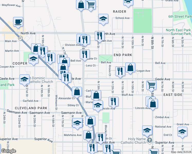 map of restaurants, bars, coffee shops, grocery stores, and more near 1342 Geele Avenue in Sheboygan