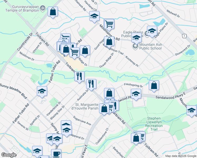 map of restaurants, bars, coffee shops, grocery stores, and more near 99 Rockgarden Trail in Brampton