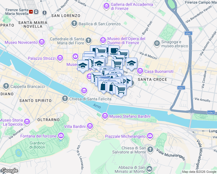 map of restaurants, bars, coffee shops, grocery stores, and more near 20 Via dei Rustici in Firenze