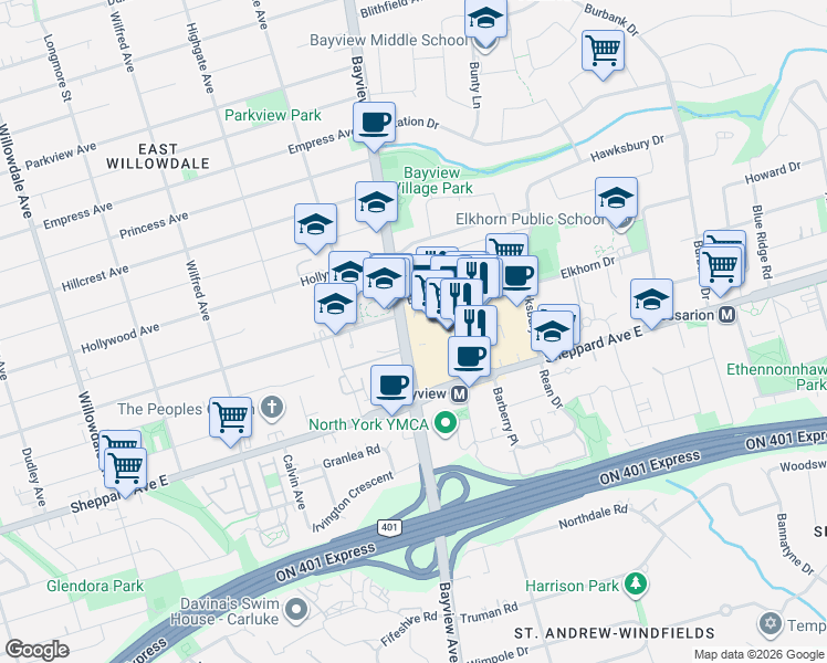 map of restaurants, bars, coffee shops, grocery stores, and more near 2885 Bayview Avenue in Toronto