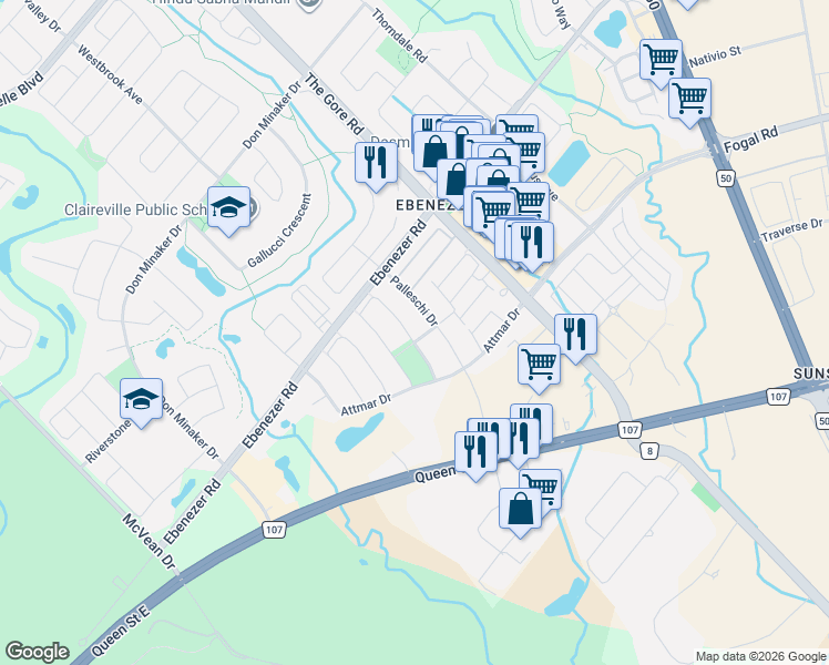map of restaurants, bars, coffee shops, grocery stores, and more near 146 Crystalview Crescent in Brampton