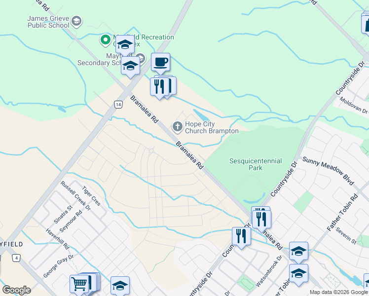 map of restaurants, bars, coffee shops, grocery stores, and more near 11566 Bramalea Road in Brampton