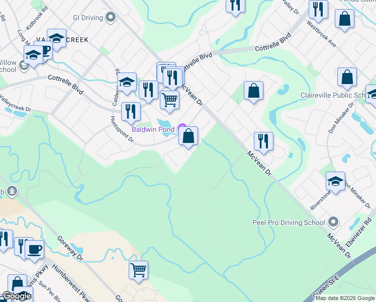 map of restaurants, bars, coffee shops, grocery stores, and more near 25 Summitridge Court in Brampton