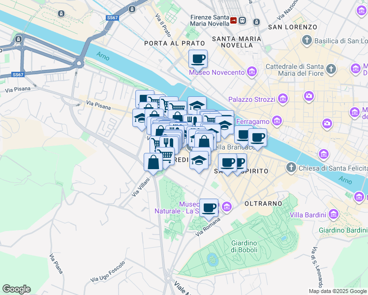 map of restaurants, bars, coffee shops, grocery stores, and more near Piazza Piattellina in Florence