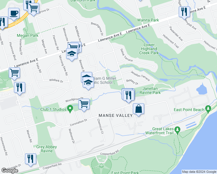 map of restaurants, bars, coffee shops, grocery stores, and more near 29 Ravenview Drive in Toronto