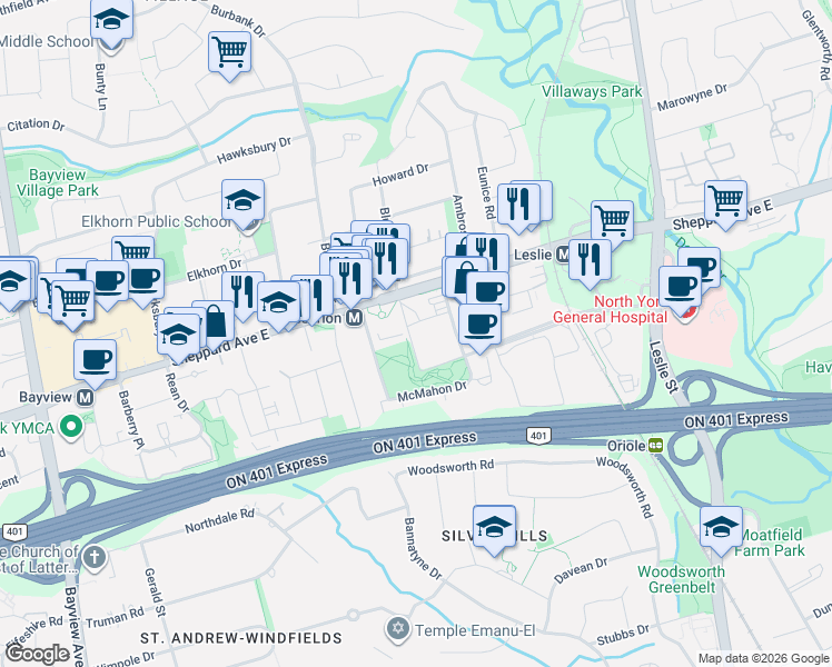 map of restaurants, bars, coffee shops, grocery stores, and more near 75 Billes Heights in Toronto