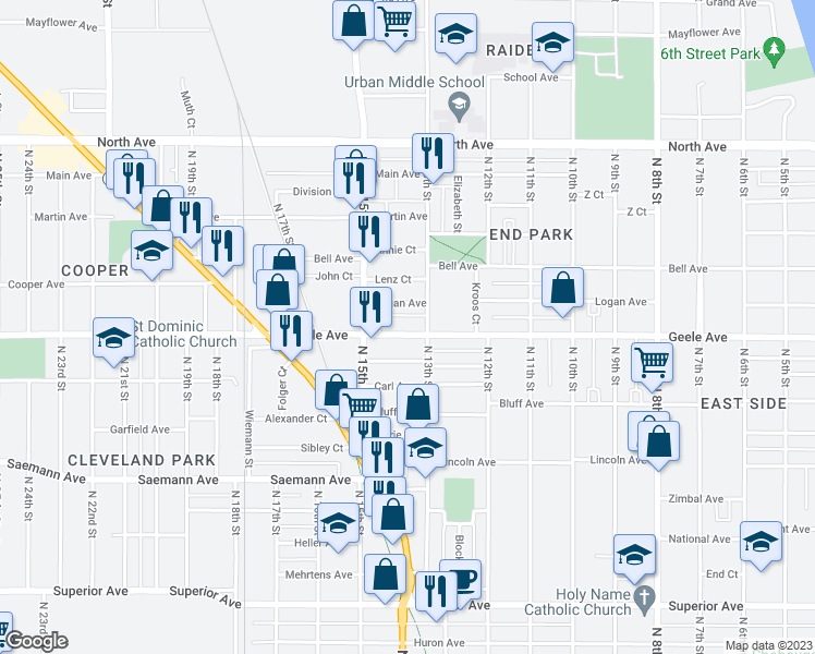 map of restaurants, bars, coffee shops, grocery stores, and more near 1336 Geele Avenue in Sheboygan