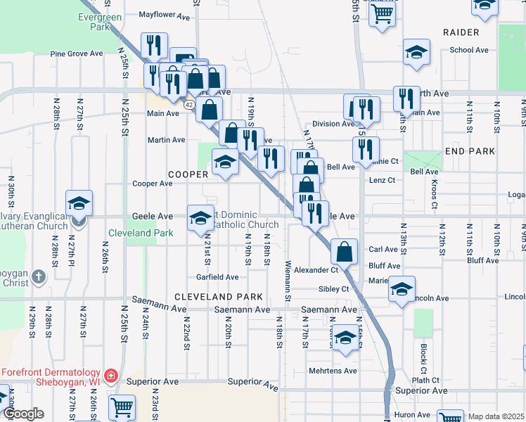 map of restaurants, bars, coffee shops, grocery stores, and more near 2205 Kohls Court in Sheboygan