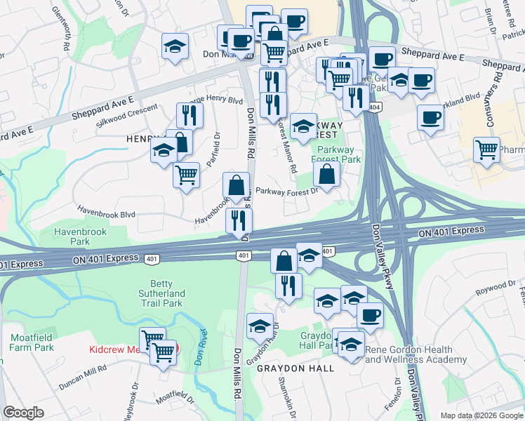 map of restaurants, bars, coffee shops, grocery stores, and more near 5 Parkway Forest Drive in Toronto