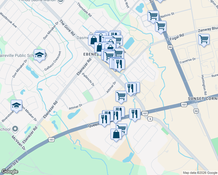 map of restaurants, bars, coffee shops, grocery stores, and more near 95 Attmar Drive in Brampton