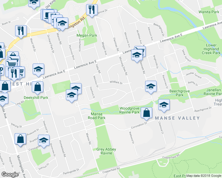 map of restaurants, bars, coffee shops, grocery stores, and more near 30 Melchior Drive in Toronto